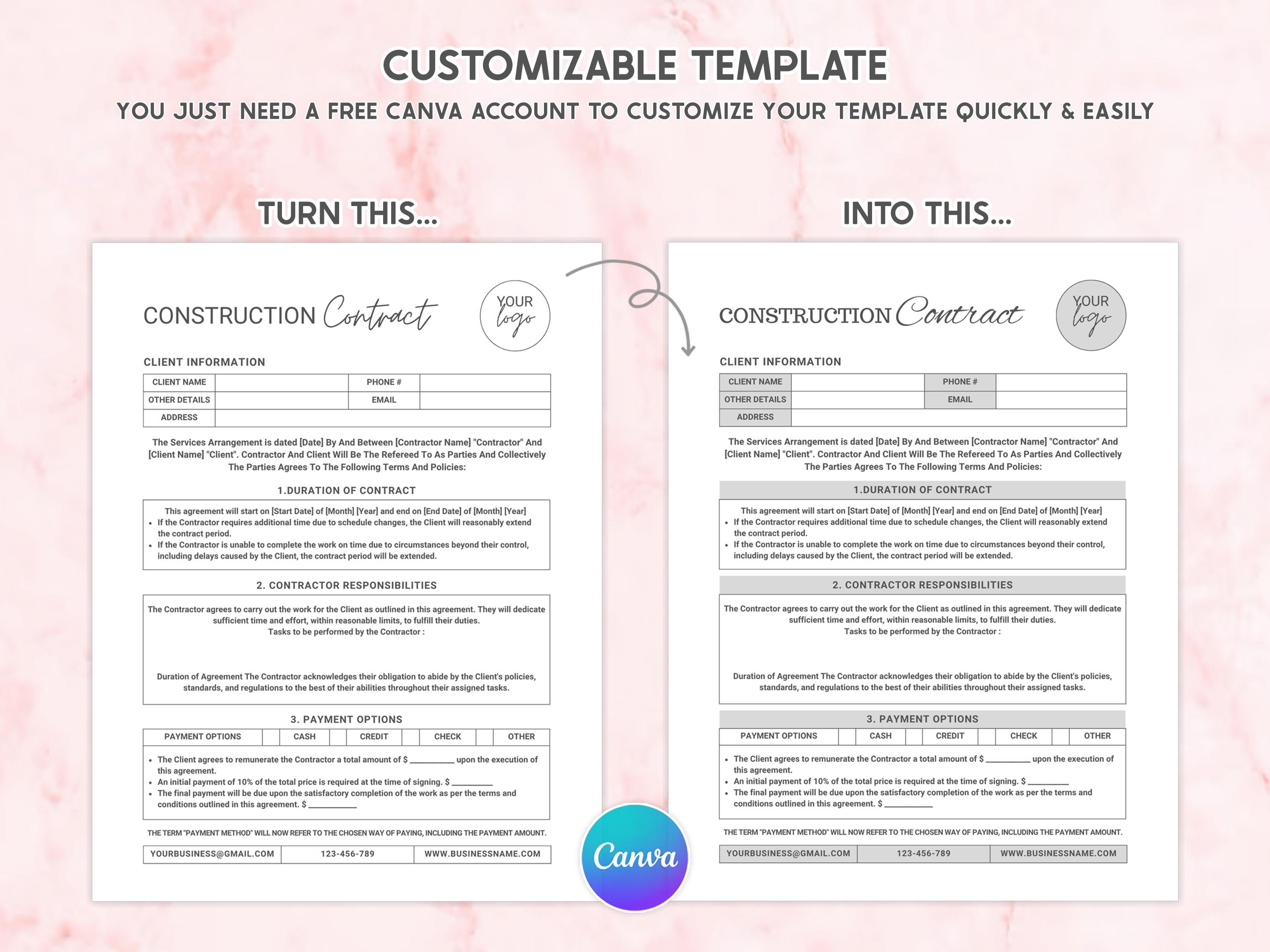 Editable Construction Contract Template: Instant PDF Download - Etsy ...