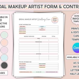Modello di contratto per truccatrice da sposa modificabile in Canva, modulo di contratto per truccatrice stampabile in PDF