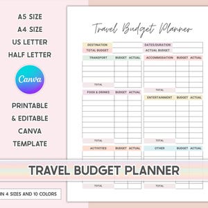Editable Travel Budget Planner Printable: Vacation Budget Tracker (PDF Download, 4 Sizes, 10 Colors)