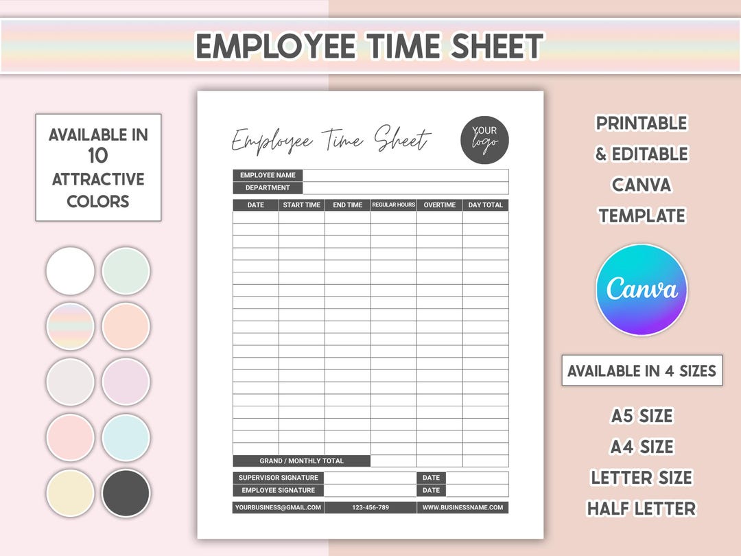Printable Employee Time Sheet Tracker Canva Editable Weekly & Monthly ...
