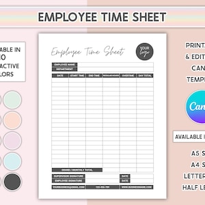 印刷可能な従業員タイムシートトラッカーCanva編集可能な週次および月次プランナータイムシート従業員スケジュールテンプレート