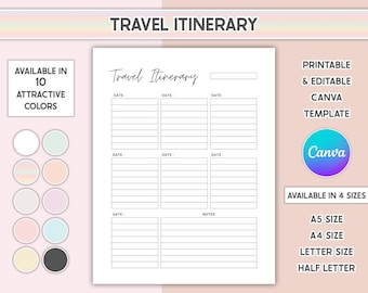 Modello di itinerario di viaggio modificabile, pianificatore di vacanze minimalista, programma di viaggio stampabile, guida di viaggio per la famiglia
