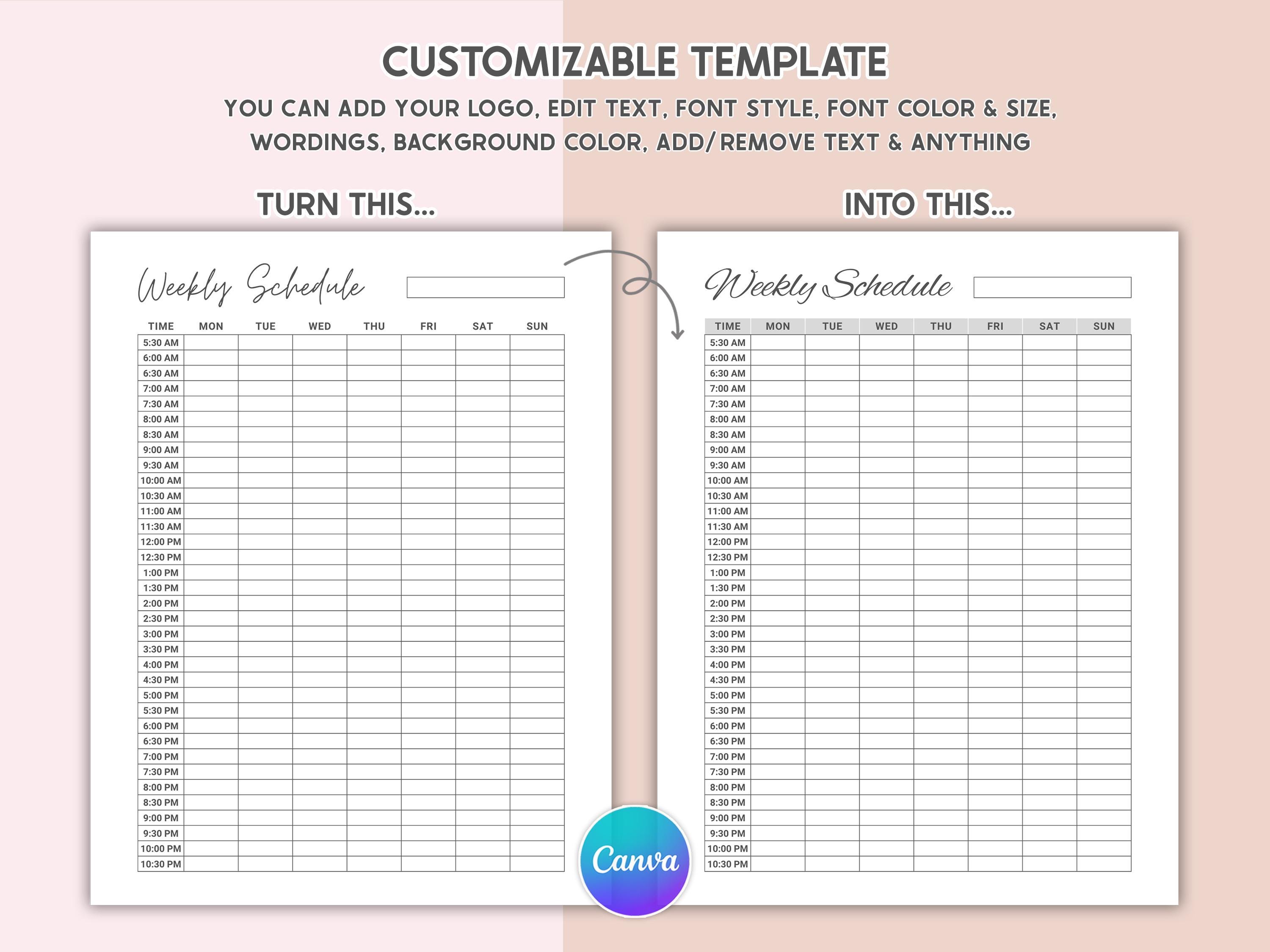 Editable Half Hour Weekly Schedule Weekly Planner Printable to Do List ...