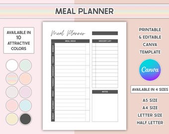 Meal Planner Printable Weekly Food Diary Meal Tracker Editable Menu Plan Bonus Grocery List