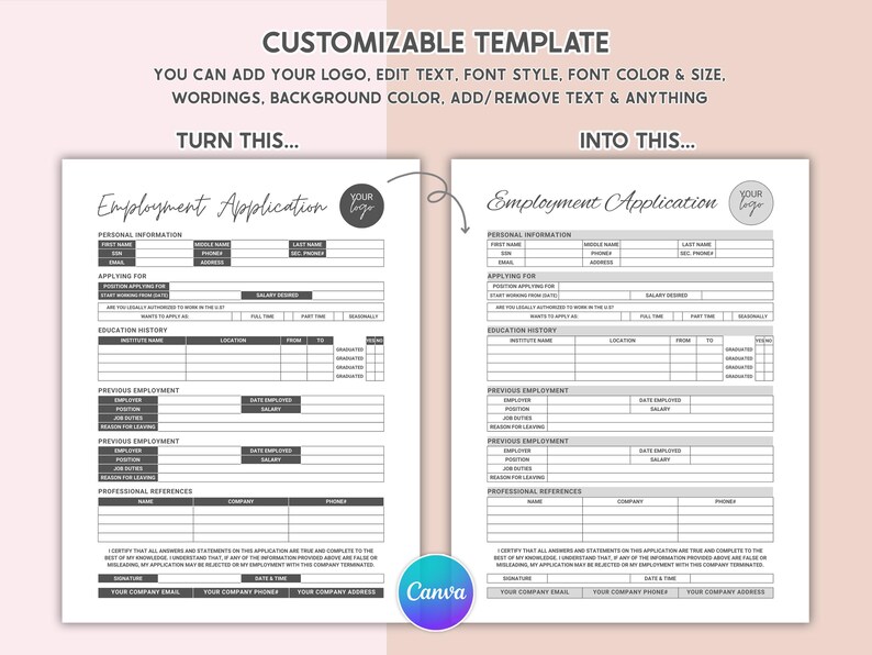 Employee Application For Employment Editable Employment Application Template Printable Job Application Form 1 Page Job Application Template HR Template