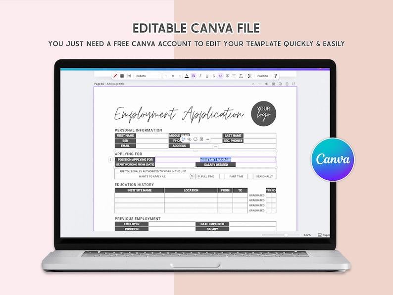 Employee Application For Employment Editable Employment Application Template Printable Job Application Form 1 Page Job Application Template HR Template