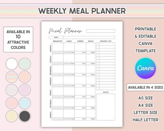Plantilla editable de planificador de comidas semanal Lista de compras imprimible Plan de menú de 7 días Diario de alimentos