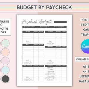 Editable Paycheck Budget By Paycheck Template Printable Monthly Expense Tracker Financial Planner Income Log