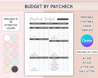 Editable Paycheck Budget By Paycheck Template Printable Monthly Expense Tracker Financial Planner Income Log