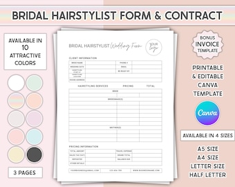 Bridal Hairstylist Contract Template Editable Canva Bridal Hair Agreement Form Printable Hairstyling Service Invoice