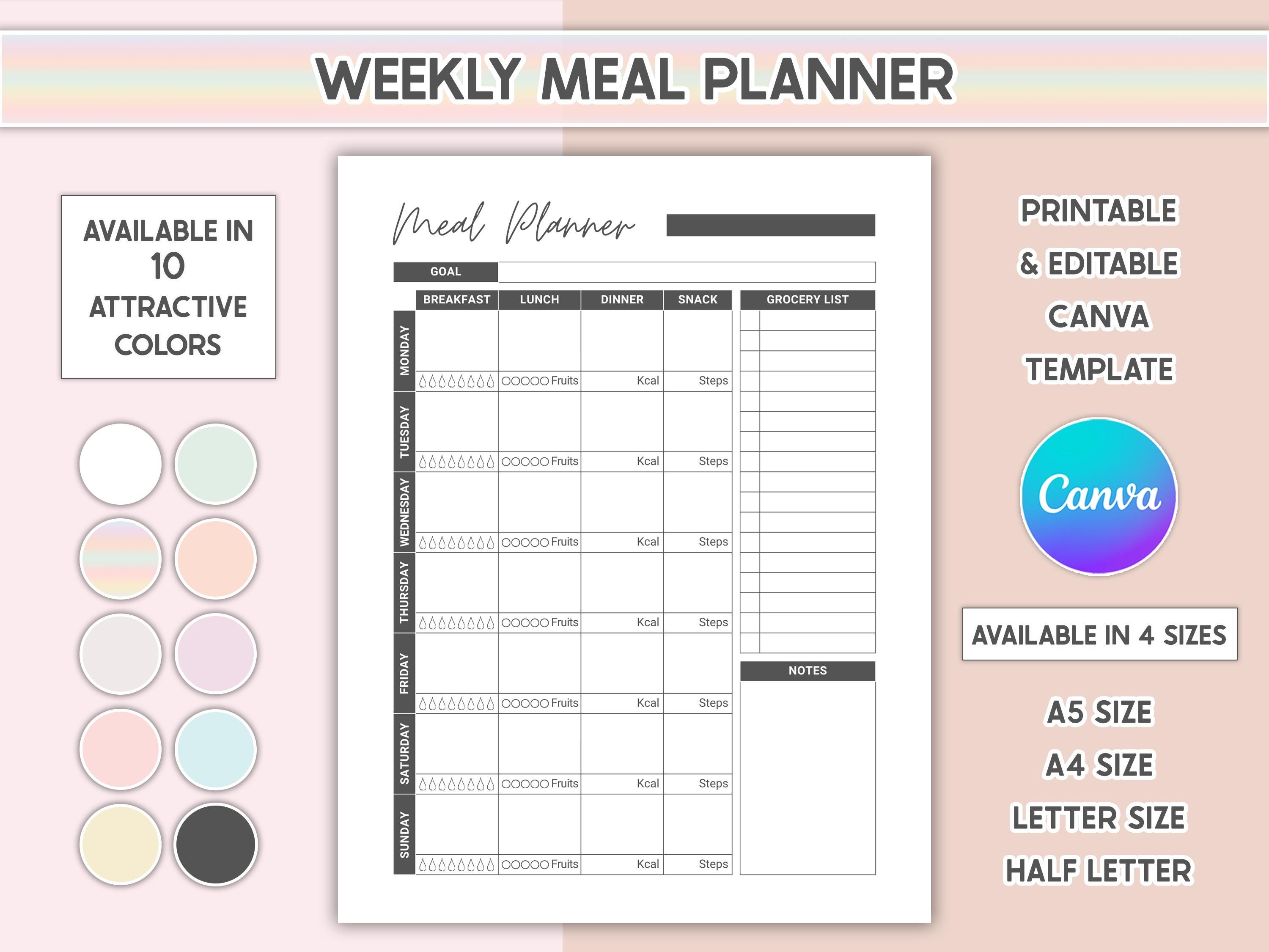 Editable Weekly Meal Planner Canva Template Printable Grocery List 7 ...