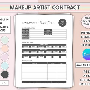 Bearbeitbare Make-up Artist Canva Vorlage Druckbares Braut Make-up Vertrag Hochzeit Make Up Kundenformular