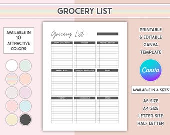 Editable Grocery List Printable Food Shopping List Template Inventory Checklist Pantry Tracker Groceries Planner