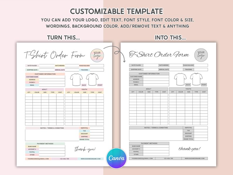 Canva Editable Tshirt Order Form Invoice Template Printable Small ...