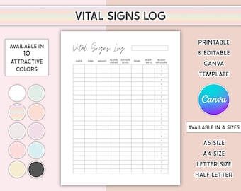 Editable Vital Signs Log Sheet Vitals Log Printable Caregiver Tracker Blood Pressure Nursing Chart