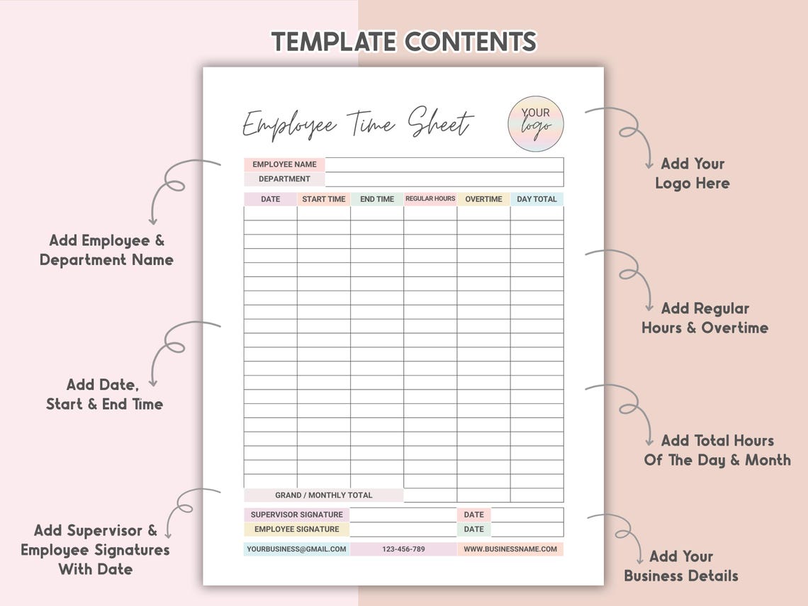 Printable Employee Time Sheet Tracker Canva Editable Weekly & Monthly ...