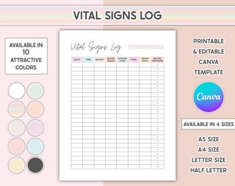 Editable Vital Signs Log Sheet Vitals Log Printable Caregiver Tracker Blood Pressure Nursing Chart