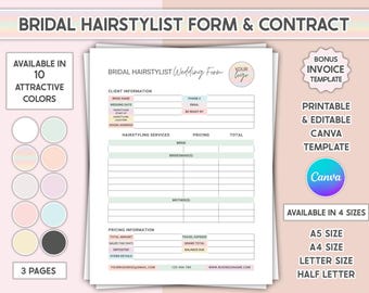 Bridal Hairstylist Contract Template Editable Canva Bridal Hair Agreement Form Printable Hairstyling Service Invoice