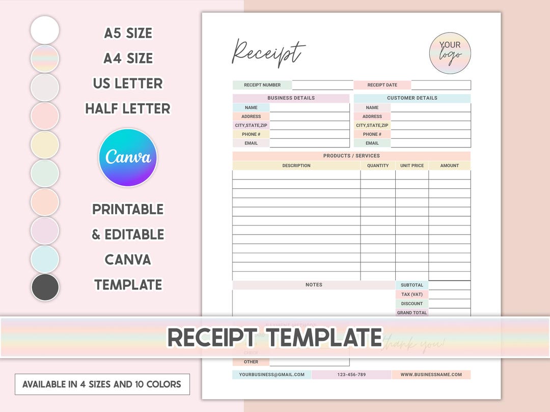 Receipt Editable Mini Editable Receipt Template Digital Receipt Printable Receipt Form ...