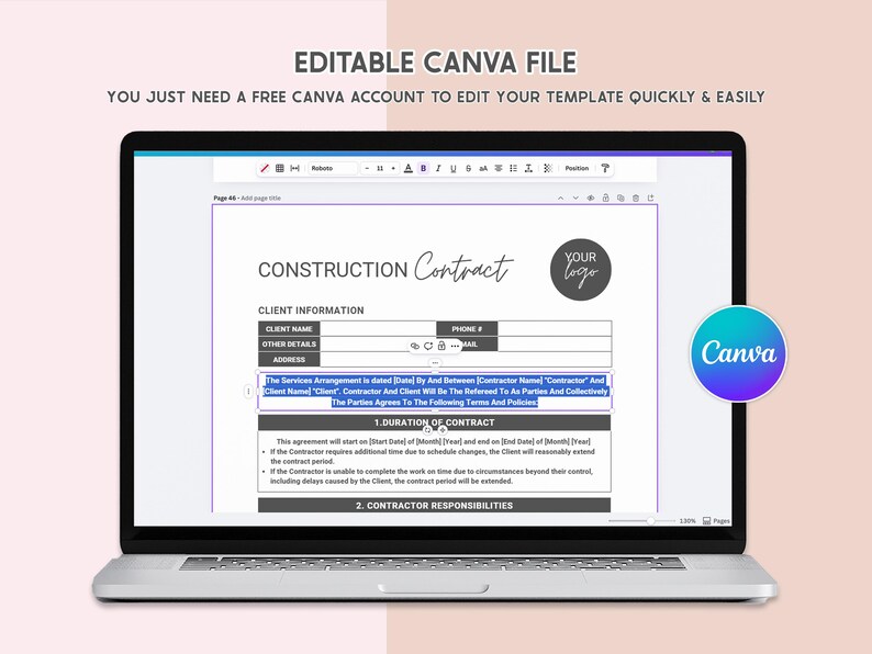 Editable Construction Contract Template Printable Contractor Agreement ...