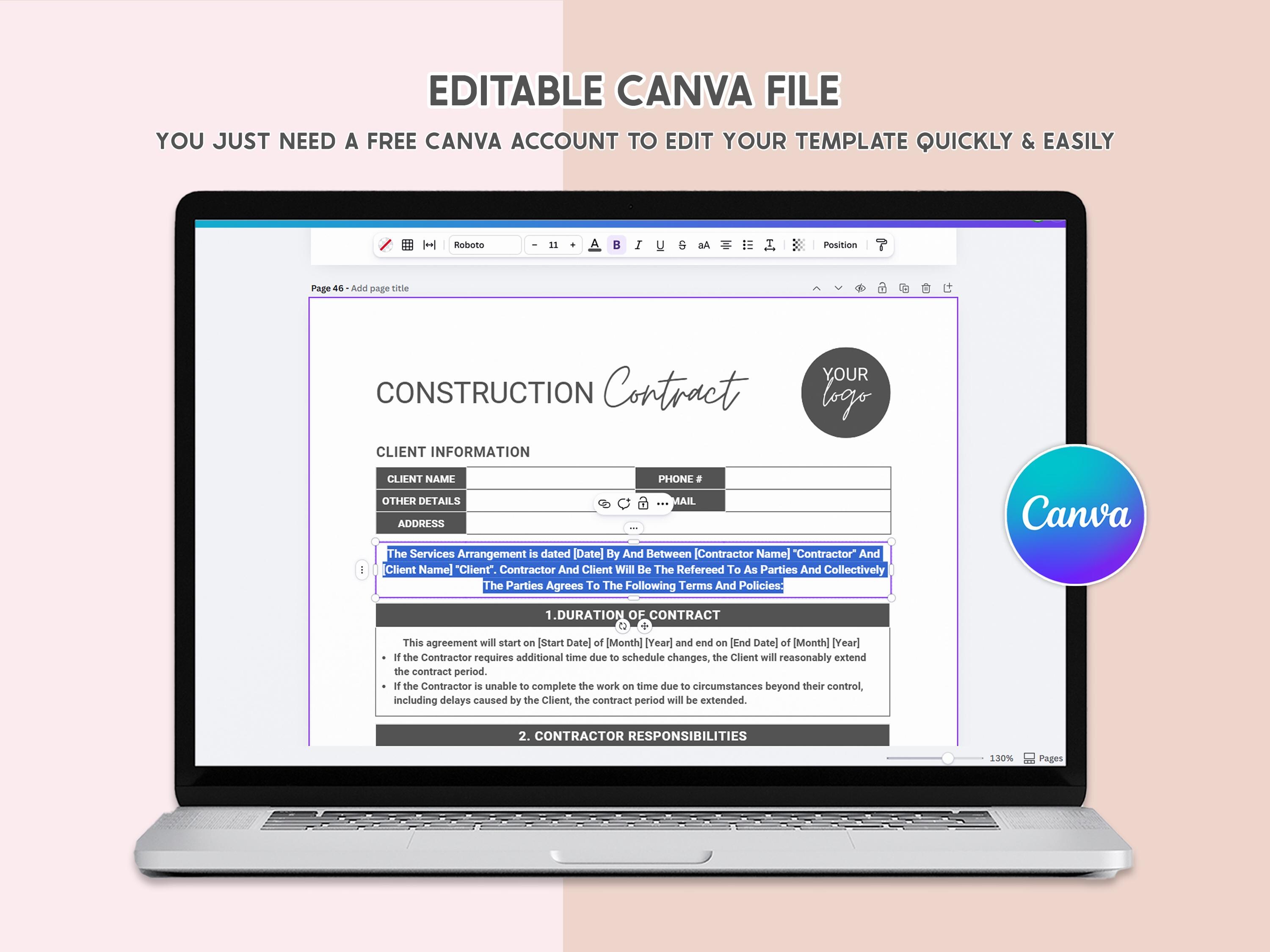 Editable Construction Contract Template Printable Contractor Agreement ...