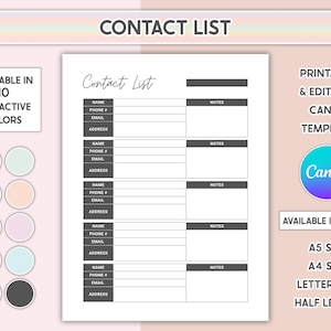 Lista de contactos editable de Canva con nombre y número, libreta de direcciones imprimible, formulario de información de contacto familiar