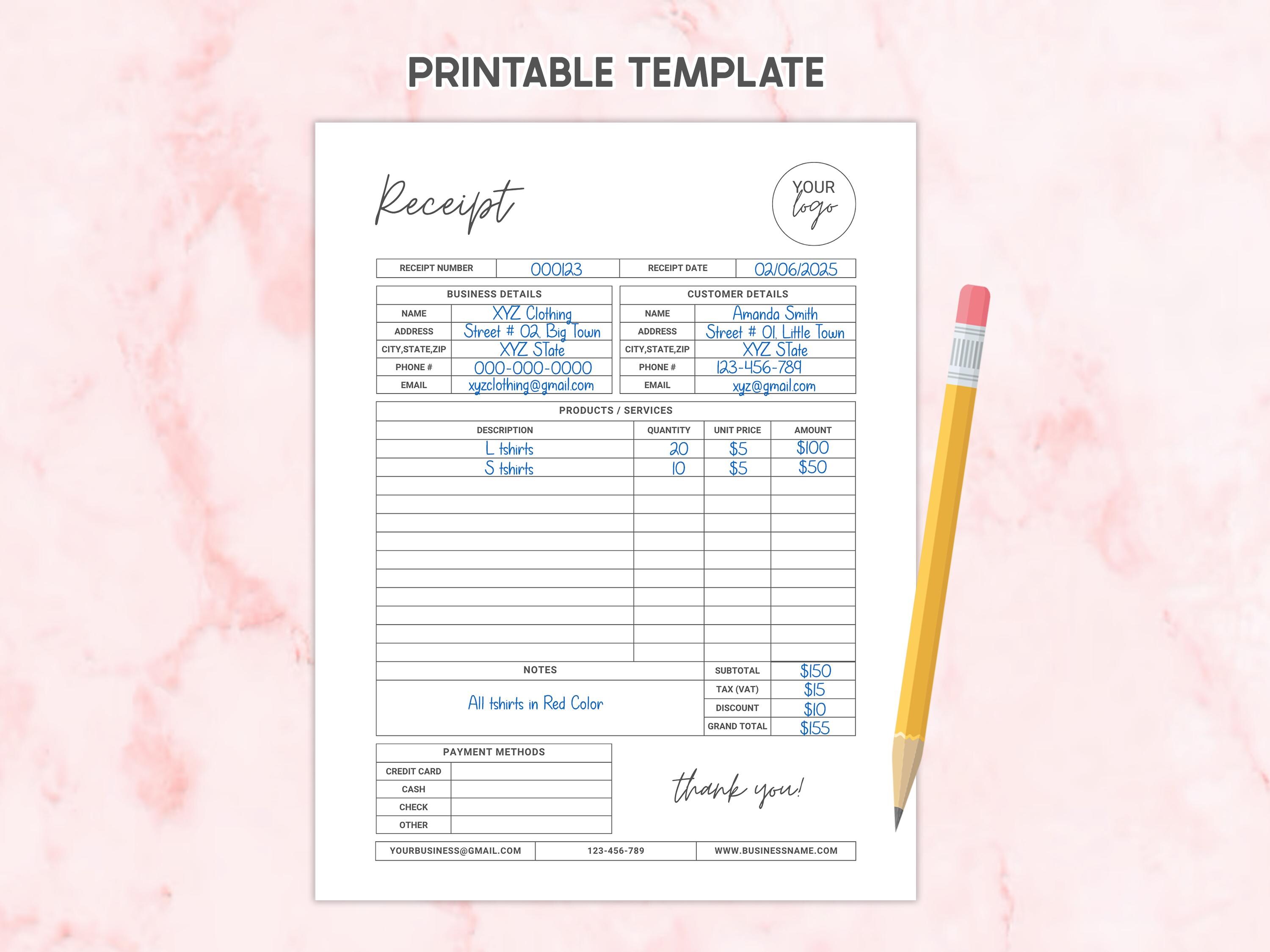 Editable Receipt Template Digital Receipt Printable Receipt Form ...