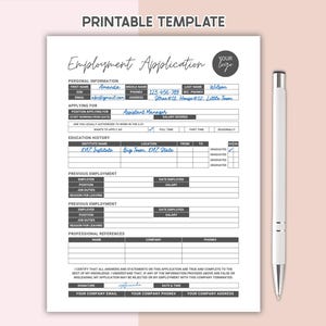 Employee Application For Employment Editable Employment Application Template Printable Job Application Form 1 Page Job Application Template HR Template
