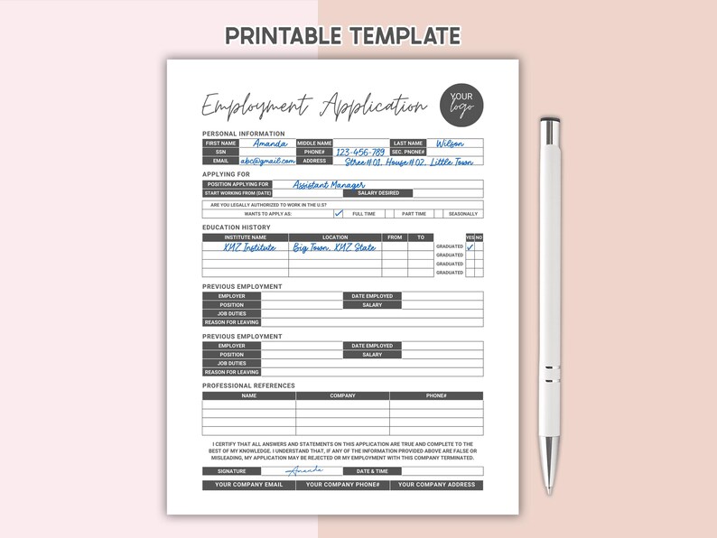 Employee Application For Employment Editable Employment Application Template Printable Job Application Form 1 Page Job Application Template HR Template