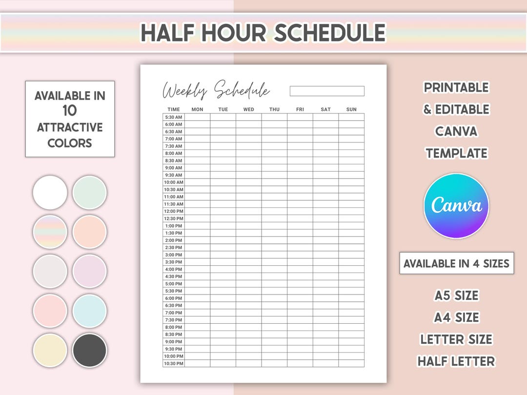 Editable Half Hour Weekly Schedule Weekly Planner Printable to Do List ...