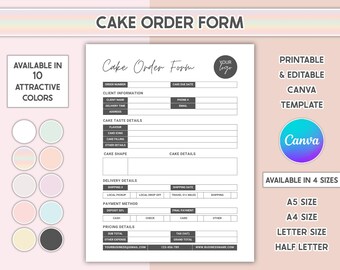Modello di modulo d'ordine per torte Canva, modello di panetteria modificabile, moduli per piccole imprese, design di fatture stampabili
