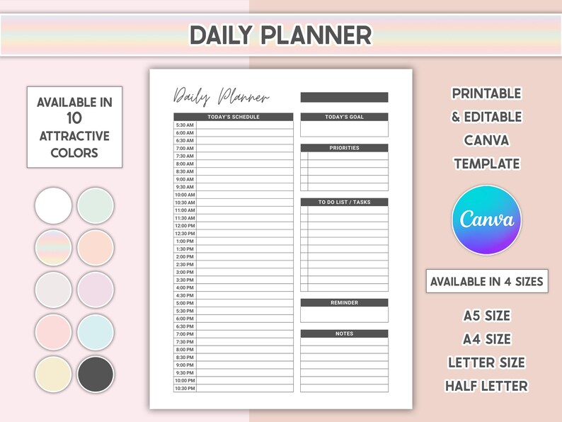 Editable Daily Planner Printable Daily Schedule Template PDF Half Hour ...