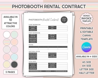 Plantilla editable de contrato de alquiler de fotomatón para eventos. Formulario de servicio de fotomatón en Canva.