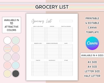 Editable Grocery List Printable Food Shopping List Template Inventory Checklist Pantry Tracker Groceries Planner