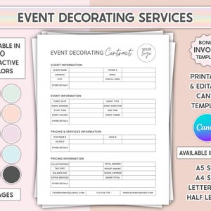Contrato de servicios de decoración de eventos, plantilla editable de Canva para planificación de eventos, formulario de acuerdo de servicios de decoración imprimible