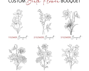 May include: Black and white line drawings of custom birth flower bouquets. The image shows bouquets with 1 to 6 flowers, each labeled with the number of flowers and the word "Bouquet". The text "CUSTOM Birth Flower BOUQUET" is at the top.