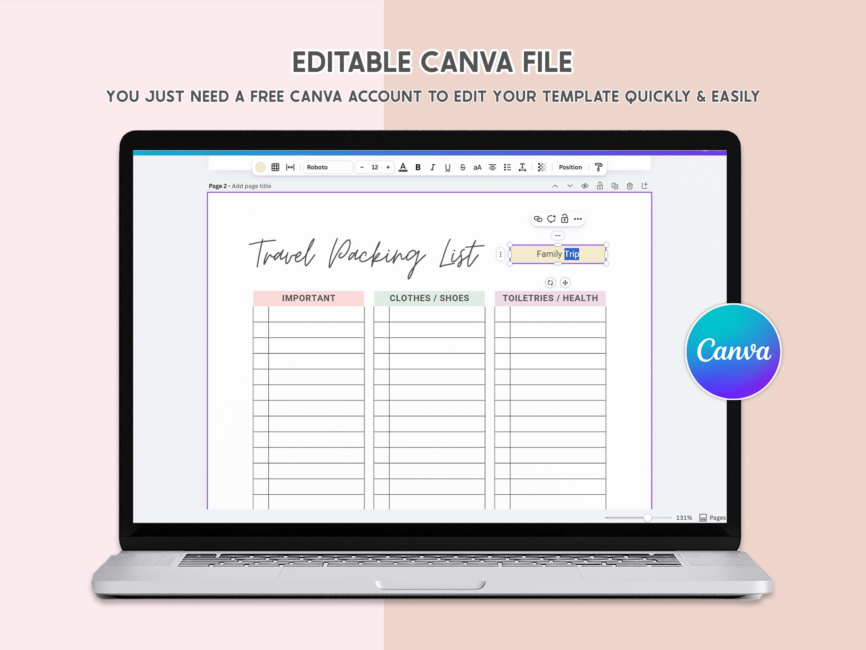 Canva Editable Travel Packing List Template Packing Checklist Printable ...