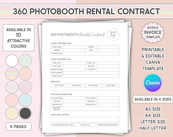 Contrato de alquiler de fotomatón 360 editable y plantilla de factura. Formulario de cliente y proveedor. Acuerdo de fotomatón.