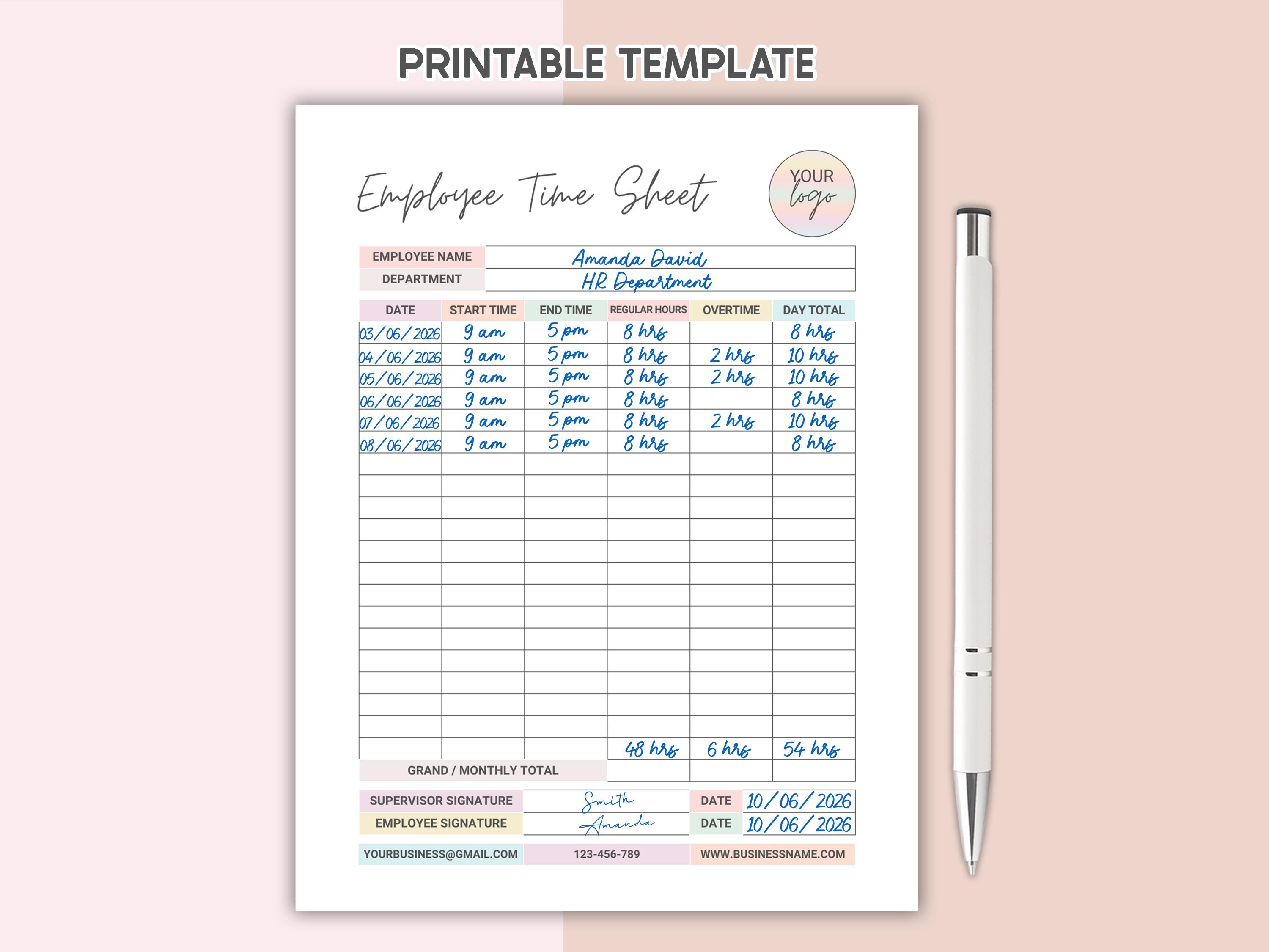 Printable Employee Time Sheet Tracker Canva Editable Weekly & Monthly ...