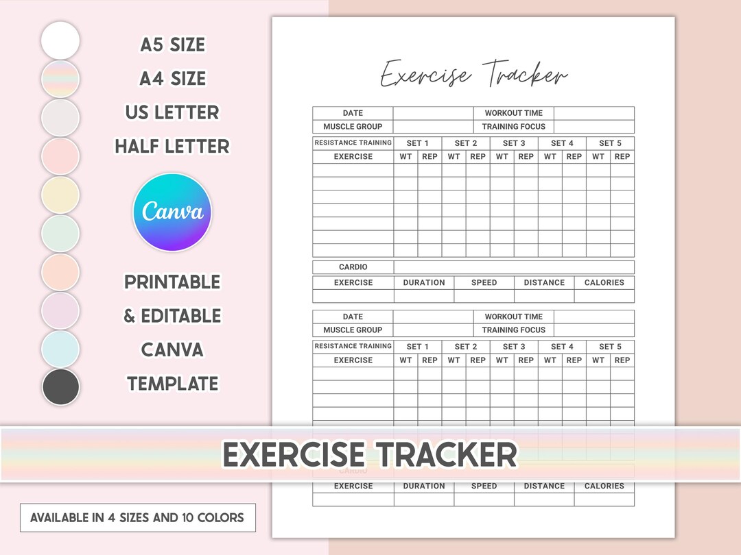 Workout Customizable Tracker Printable Exercise Tracker: Daily Workout Log, Fitness Planner (digital ...