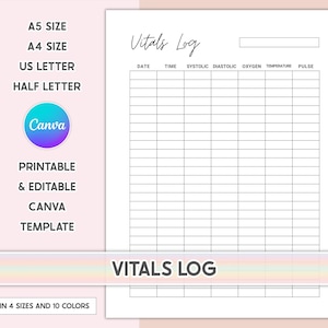 Vitals Log Printable Vital Logs Vital Signs Template Vitals Signs Nursing Vitals Sheet Vital Sign Chart Blood Pressure Log Vitals Tracker BP
