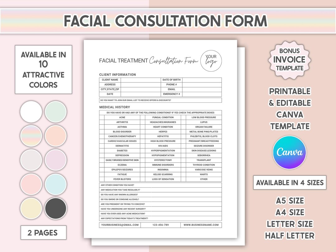 Editable Facial Consultation Form Canva Client Intake Form Beauty Salon ...