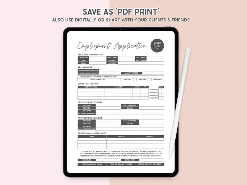 Employee Application For Employment Editable Employment Application Template Printable Job Application Form 1 Page Job Application Template HR Template