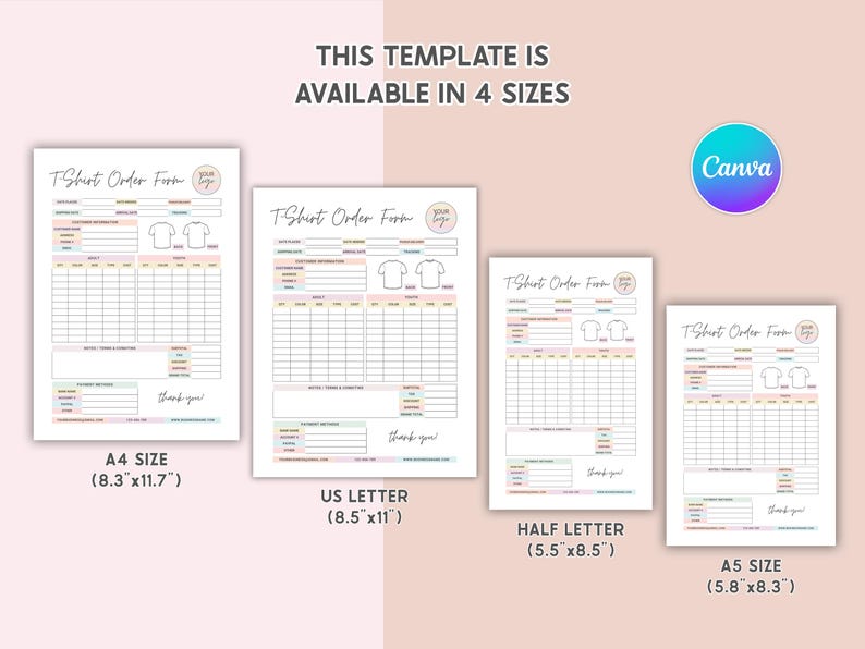 Canva Editable Tshirt Order Form Invoice Template Printable Small ...