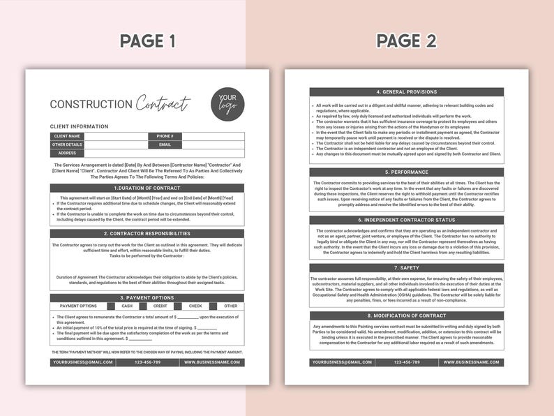 Editable Construction Contract Template Printable Contractor Agreement ...