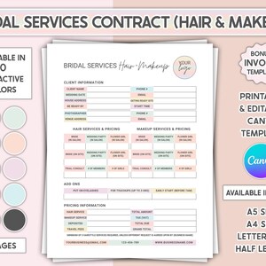 Contractsjabloon bruidshaar en make-up Canva bewerkbare overeenkomst bruidsservice Afdrukbaar toestemmingsformulier klant