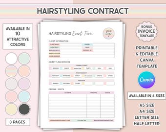 Editable Hair Service Contract Printable Hairstylist Form Hair Services Template Bridal Hairstyling Business Agreement