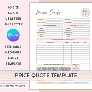 Price Quote Template Editable Quotation Template Quote Form For Small Business Invoice Order Form Price Quotation Template Job Estimate Form