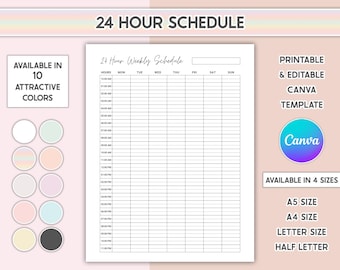 Editable 24 Hour Weekly Schedule Week At A Glance Daily Planner Printable To Do List