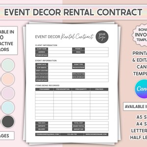 Event Decor Rental Agreement Template Editable Rental Contract Equipment Party & Wedding Decorations Rentals Business
